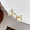 Full Diamond Bow Pearl Stud Earrings